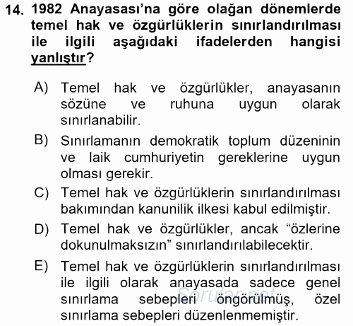 Temel İnsan Hakları Bilgisi 2 2017 - 2018 Dönem Sonu Sınavı 14.Soru
