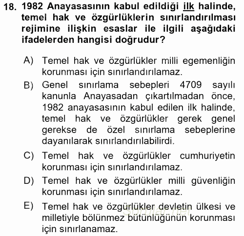 Temel İnsan Hakları Bilgisi 2 2017 - 2018 Dönem Sonu Sınavı 18.Soru