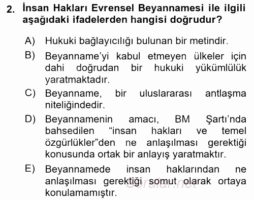 Temel İnsan Hakları Bilgisi 2 2017 - 2018 Dönem Sonu Sınavı 2.Soru