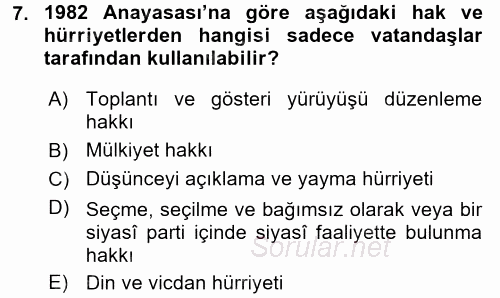 Temel İnsan Hakları Bilgisi 2 2017 - 2018 Dönem Sonu Sınavı 7.Soru