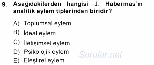 Sosyolojide Yakın Dönem Gelişmeler 2014 - 2015 Ara Sınavı 9.Soru