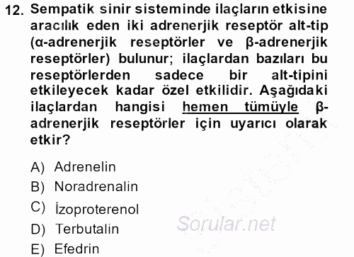 Temel Veteriner Farmakoloji ve Toksikoloji 2013 - 2014 Ara Sınavı 12.Soru