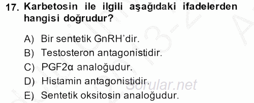 Temel Veteriner Farmakoloji ve Toksikoloji 2013 - 2014 Ara Sınavı 17.Soru