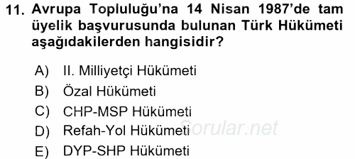 Türk Dış Politikası 1 2017 - 2018 3 Ders Sınavı 11.Soru