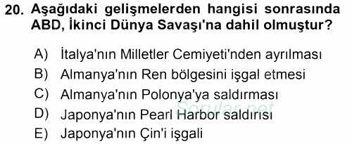 Türk Dış Politikası 1 2017 - 2018 3 Ders Sınavı 20.Soru