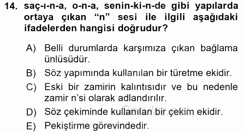 Türkçe Ses Bilgisi 2015 - 2016 Ara Sınavı 14.Soru