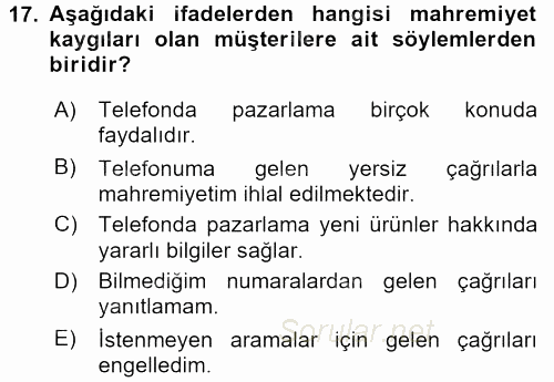 Satış Yönetimi ve Telefonda Satış 2015 - 2016 Dönem Sonu Sınavı 17.Soru