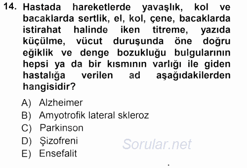 Yaşlı ve Hasta Bakım Hizmetleri 2012 - 2013 Ara Sınavı 14.Soru