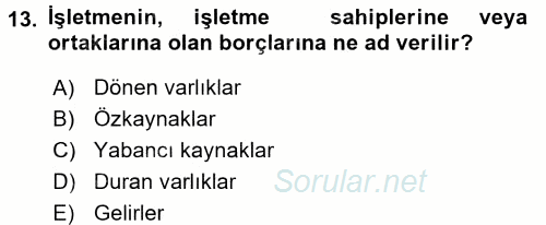 Genel Muhasebe 1 2017 - 2018 Ara Sınavı 13.Soru