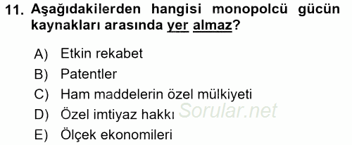 Mikro İktisat 2017 - 2018 Dönem Sonu Sınavı 11.Soru