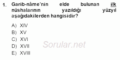 XIV-XV. Yüzyıllar Türk Edebiyatı 2014 - 2015 Dönem Sonu Sınavı 1.Soru