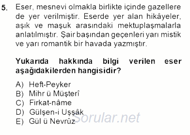 XIV-XV. Yüzyıllar Türk Edebiyatı 2014 - 2015 Dönem Sonu Sınavı 5.Soru