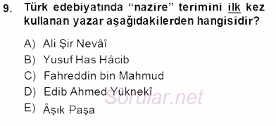 XIV-XV. Yüzyıllar Türk Edebiyatı 2014 - 2015 Dönem Sonu Sınavı 9.Soru
