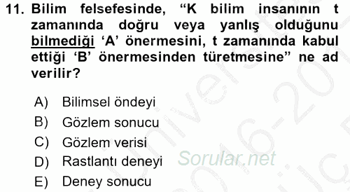 Bilim Felsefesi 2016 - 2017 3 Ders Sınavı 11.Soru