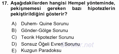 Bilim Felsefesi 2016 - 2017 3 Ders Sınavı 17.Soru
