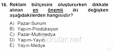 Marka İletişim Kampanyaları 2012 - 2013 Dönem Sonu Sınavı 16.Soru