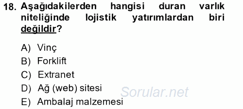 Lojistik Maliyetleri ve Raporlama 1 2014 - 2015 Tek Ders Sınavı 18.Soru