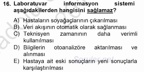 Veteriner Laboratuvar Teknikleri ve Prensipleri 2014 - 2015 Ara Sınavı 16.Soru