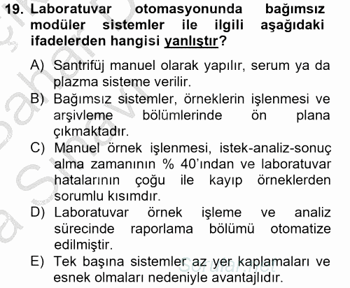 Veteriner Laboratuvar Teknikleri ve Prensipleri 2014 - 2015 Ara Sınavı 19.Soru