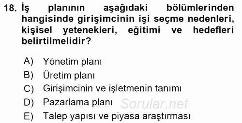 İş Planı 2017 - 2018 Ara Sınavı 18.Soru