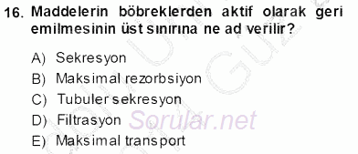 Temel Veteriner Fizyoloji 2013 - 2014 Ara Sınavı 16.Soru