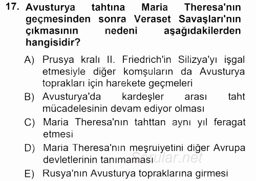 Orta Çağ-Yeni Çağ Avrupa Tarihi 2012 - 2013 Dönem Sonu Sınavı 17.Soru