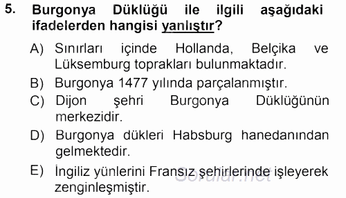 Orta Çağ-Yeni Çağ Avrupa Tarihi 2012 - 2013 Dönem Sonu Sınavı 5.Soru