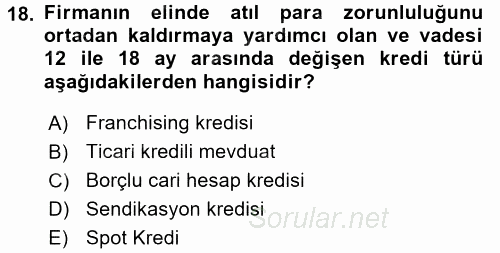 Bankalarda Kredi Yönetimi 2015 - 2016 Tek Ders Sınavı 18.Soru