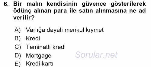 Bankalarda Kredi Yönetimi 2015 - 2016 Tek Ders Sınavı 6.Soru