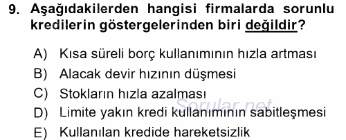 Bankalarda Kredi Yönetimi 2015 - 2016 Tek Ders Sınavı 9.Soru