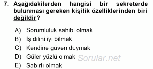 Yönetici Asistanlığı 2016 - 2017 Ara Sınavı 7.Soru