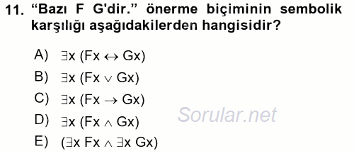 Sembolik Mantık 2017 - 2018 3 Ders Sınavı 11.Soru