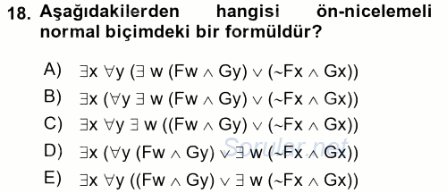 Sembolik Mantık 2017 - 2018 3 Ders Sınavı 18.Soru