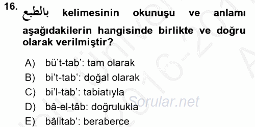 Osmanlı Türkçesi 2 2016 - 2017 Ara Sınavı 16.Soru