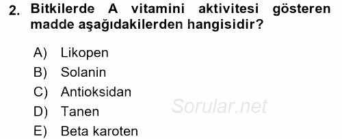 Genel Beslenme 2017 - 2018 Ara Sınavı 2.Soru