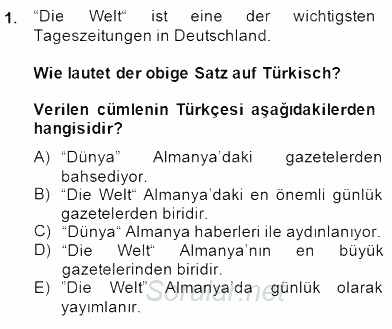 Turizm İçin Almanca 1 2014 - 2015 Dönem Sonu Sınavı 1.Soru