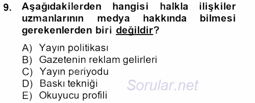 Halkla İlişkiler Uygulamaları ve Örnek Olaylar 2012 - 2013 Dönem Sonu Sınavı 9.Soru