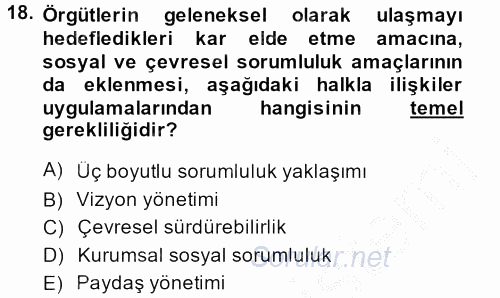 Halkla İlişkiler Yönetimi 2014 - 2015 Dönem Sonu Sınavı 18.Soru