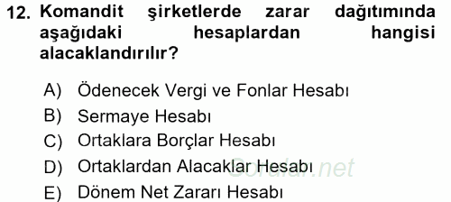 Muhasebe Uygulamaları 2016 - 2017 Dönem Sonu Sınavı 12.Soru