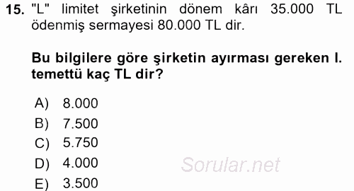 Muhasebe Uygulamaları 2016 - 2017 Dönem Sonu Sınavı 15.Soru