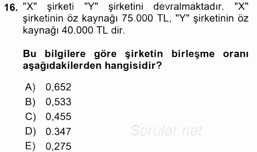 Muhasebe Uygulamaları 2016 - 2017 Dönem Sonu Sınavı 16.Soru