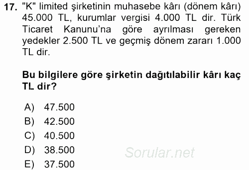 Muhasebe Uygulamaları 2016 - 2017 Dönem Sonu Sınavı 17.Soru