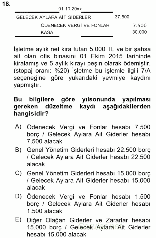 Muhasebe Uygulamaları 2016 - 2017 Dönem Sonu Sınavı 18.Soru
