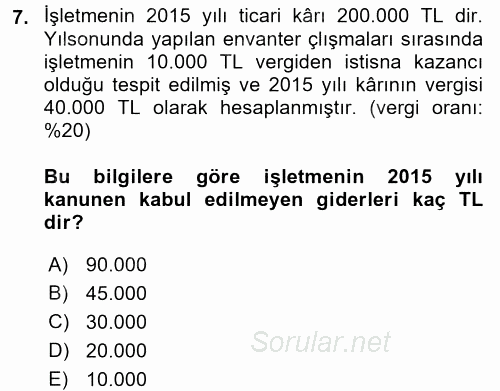 Muhasebe Uygulamaları 2016 - 2017 Dönem Sonu Sınavı 7.Soru