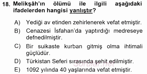 Büyük Selçuklu Tarihi 2015 - 2016 Ara Sınavı 18.Soru