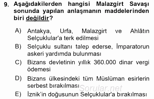 Büyük Selçuklu Tarihi 2015 - 2016 Ara Sınavı 9.Soru