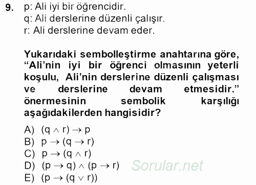 Sembolik Mantık 2013 - 2014 Tek Ders Sınavı 9.Soru