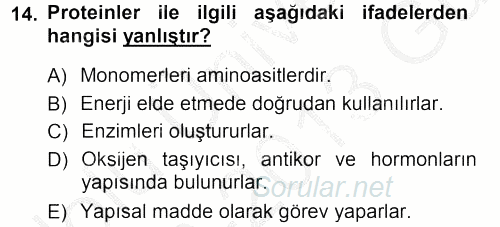 Genel Biyoloji 1 2012 - 2013 Ara Sınavı 14.Soru