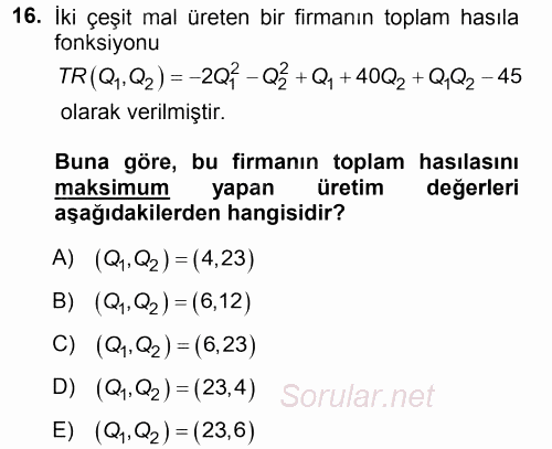 Matematiksel İktisat 2013 - 2014 Tek Ders Sınavı 16.Soru