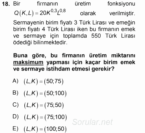 Matematiksel İktisat 2013 - 2014 Tek Ders Sınavı 18.Soru